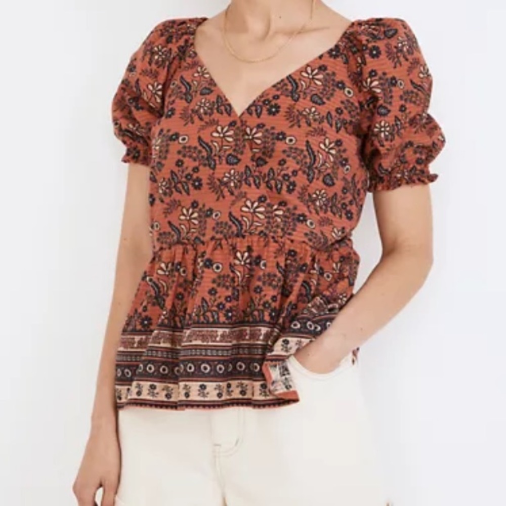 NEW! Madewell Puff Sleeve Peplum Faux Wrap Blouse Size XL